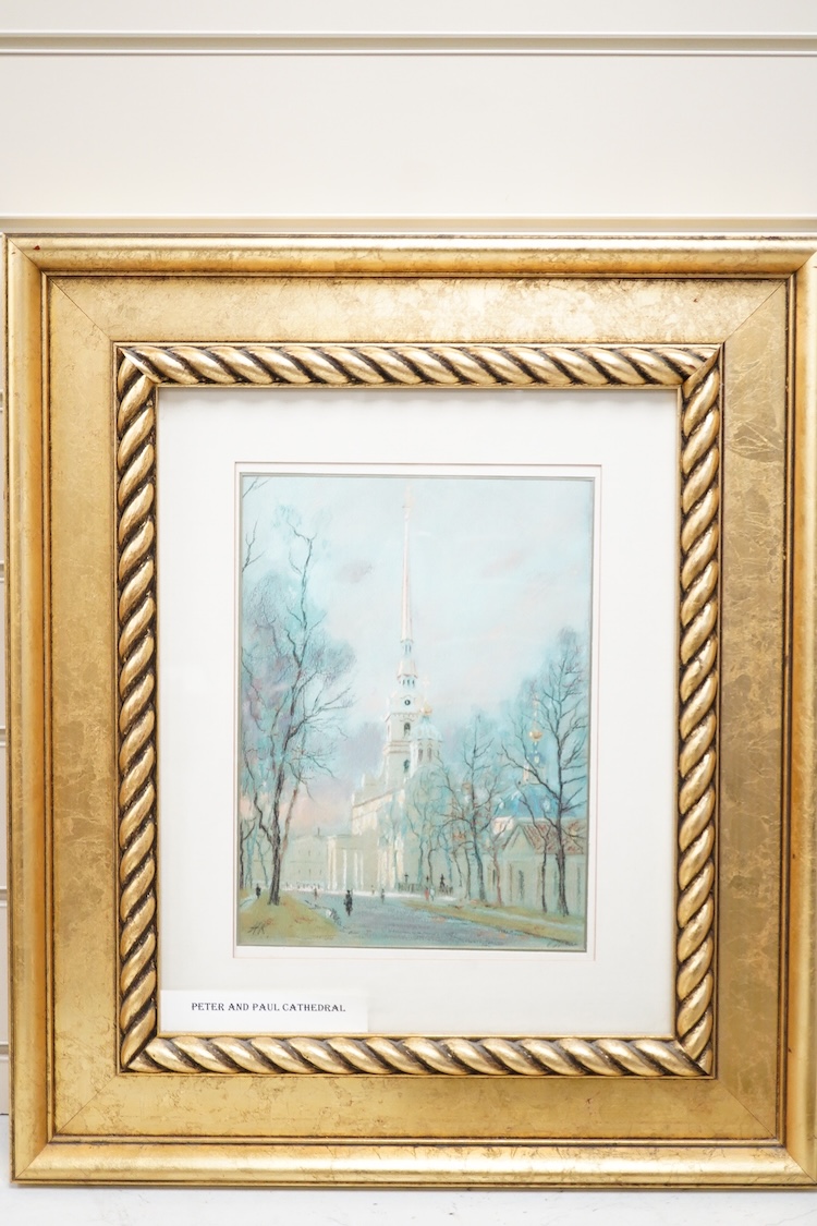 Russian School, 20th century, 'Peter and Paul Cathedral, St Petersburg, signed , mixed media drawing, together with a watercolour Temple of Karnak and one other, largest 50 x 39cm